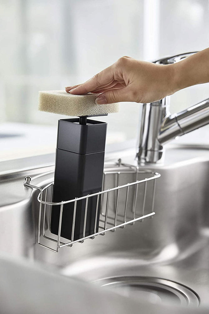 View 7 - Black One-Handed Push Soap Dispenser in kitchen sink by Yamazaki Home.