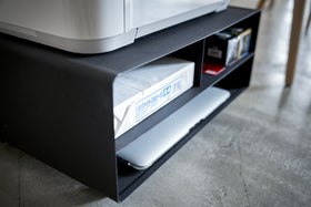 Close up angled view of black Rolling Printer Stand storage compartments by Yamazaki Home. view 9