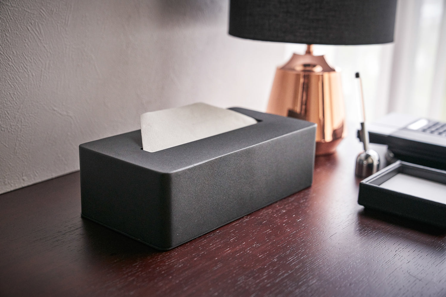 View 9 - Black Tissue Case on desk countertop by Yamazaki Home.