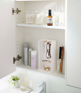 A white medicine cabinet is open to display the inside contents. Sunlight is focused on the right upper corner. Below is a bathroom sink with a silver faucet. On the sinks ledge is a small plant and oil diffuser. view 7