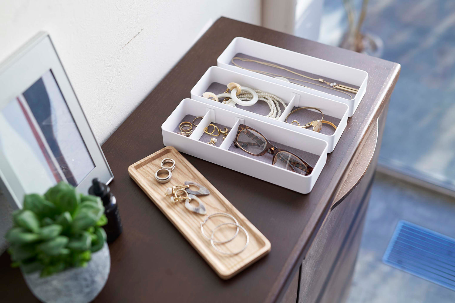 View 7 - White Stacking Watch and Accessory Case opened with glasses and jewelry