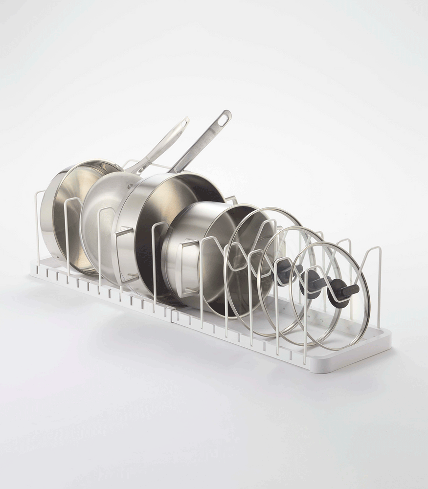 View 2 - Product GIF showing Adjustable Pot Lid Organizer with various props.
