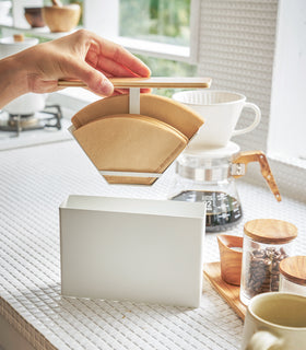 Front view of Size 01 + 02 Wood-Accent Coffee Filter holding coffee filters in kitchen by Yamazaki Home. view 3