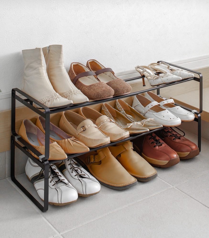 View 8 - Front view of black Stackable Shoe Rack in mudroom by Yamazaki Home.
