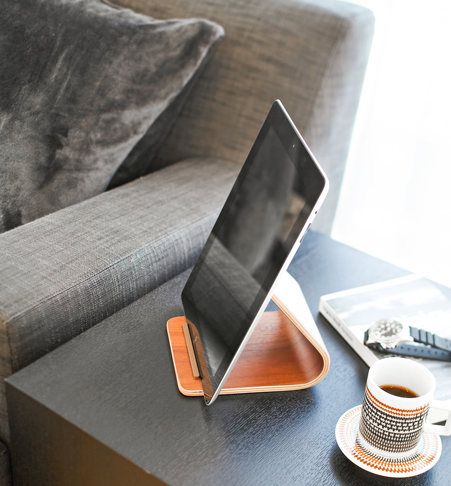 View 7 - Walnut Tablet Stand holding tablet on living room side table by Yamazaki Home.