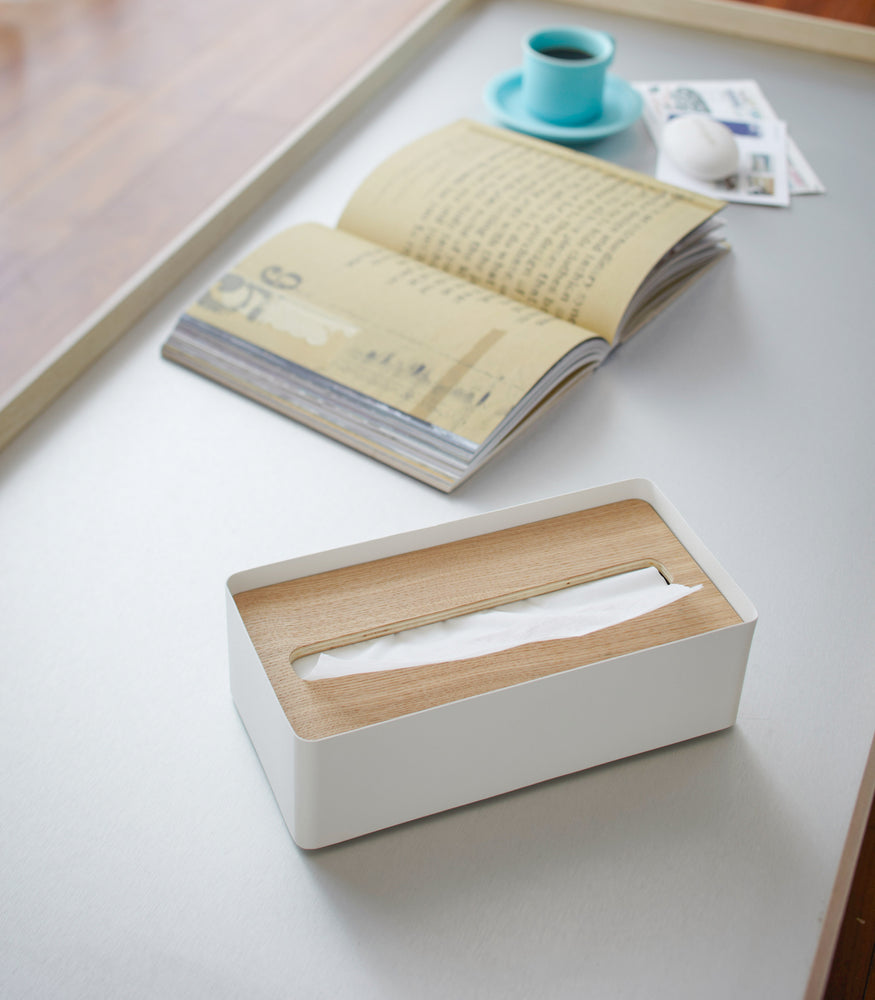 View 4 - White Tissue Case on desk by Yamazaki Home.