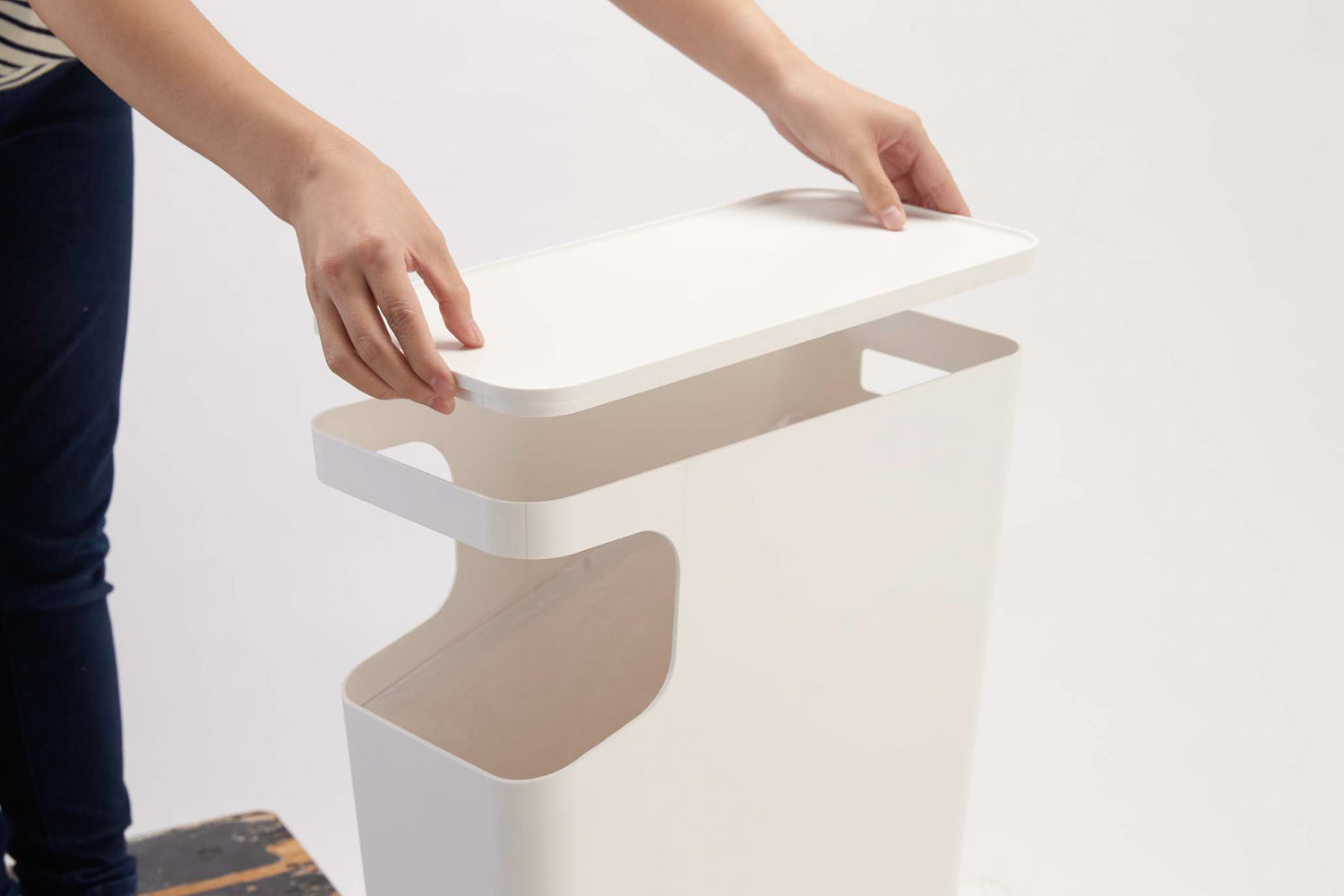 View 6 - White Side Table Trash Can with lid removed on white background by Yamazaki Home.