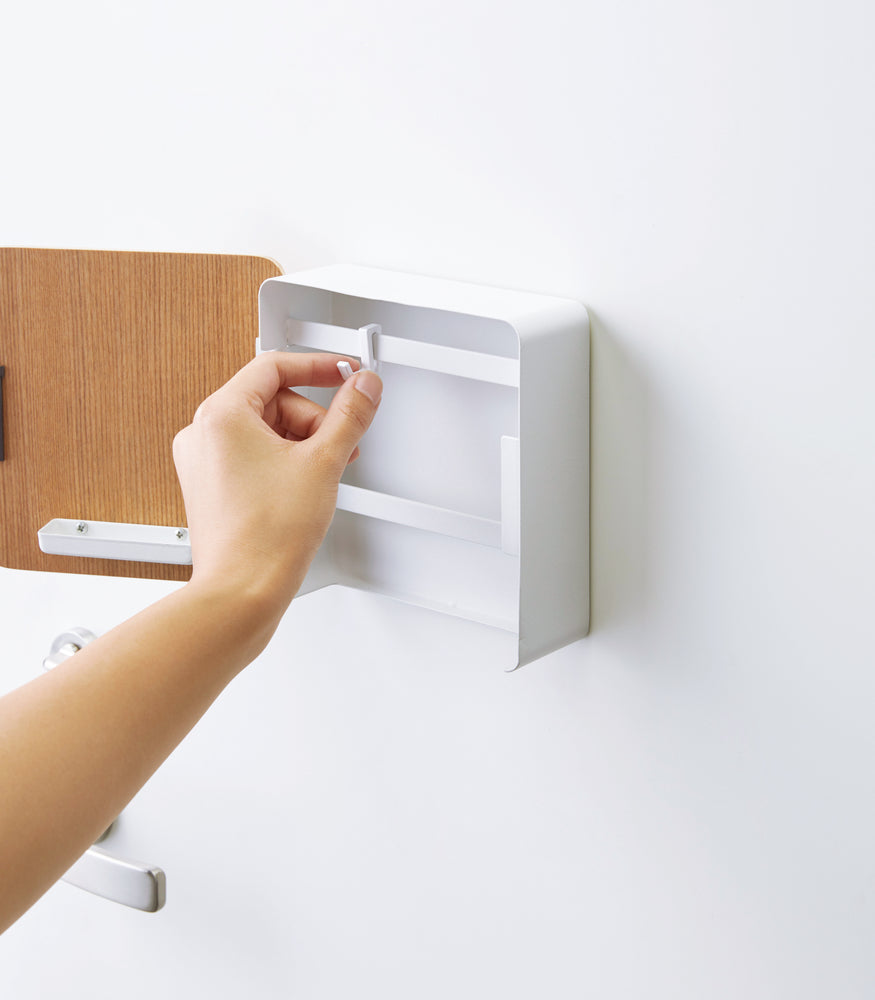 View 6 - Close up of open white Square Magnetic Key Cabinet with hooks by Yamazaki Home.