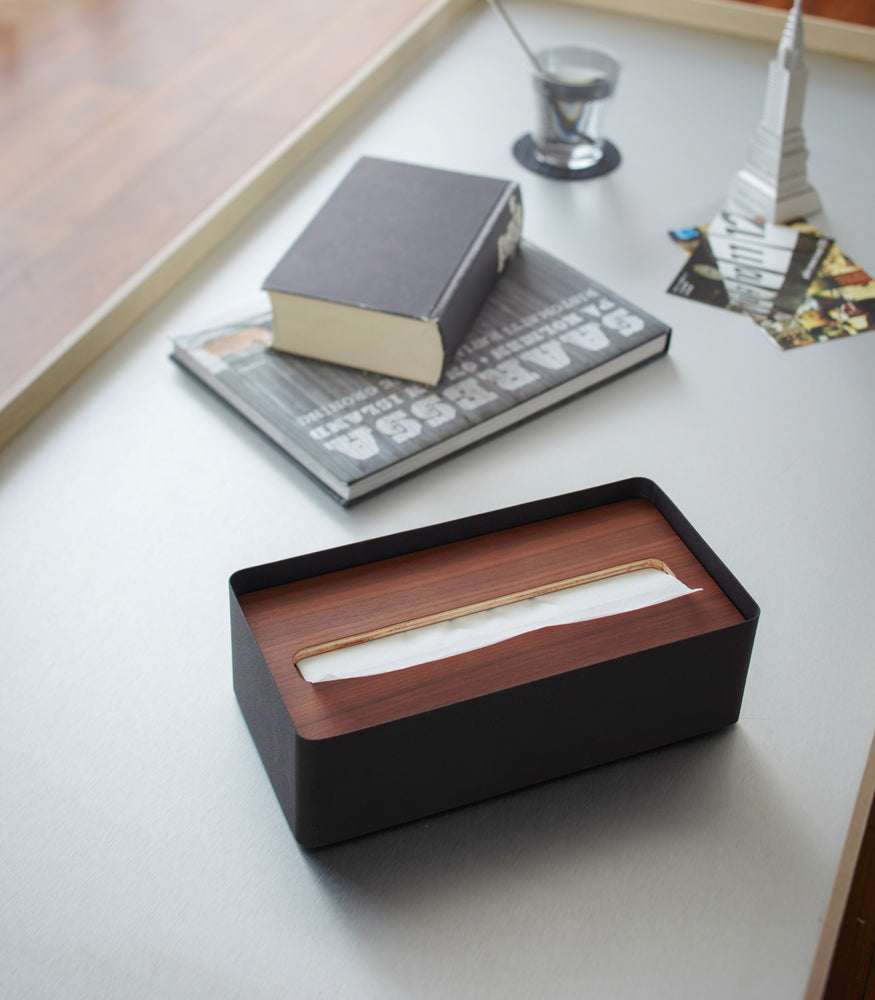 View 8 - Aerial view of black Tissue Case on desk by Yamazaki Home.