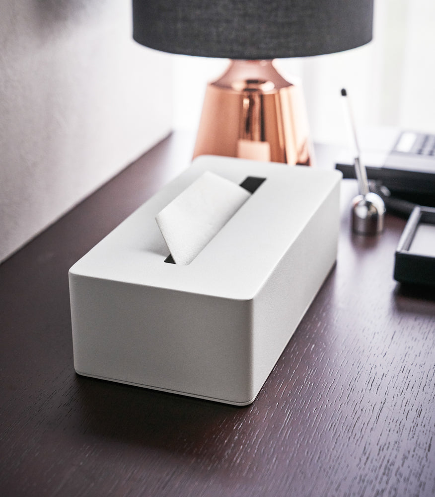 View 3 - Side view of white Tissue Case on desk by Yamazaki Home.
