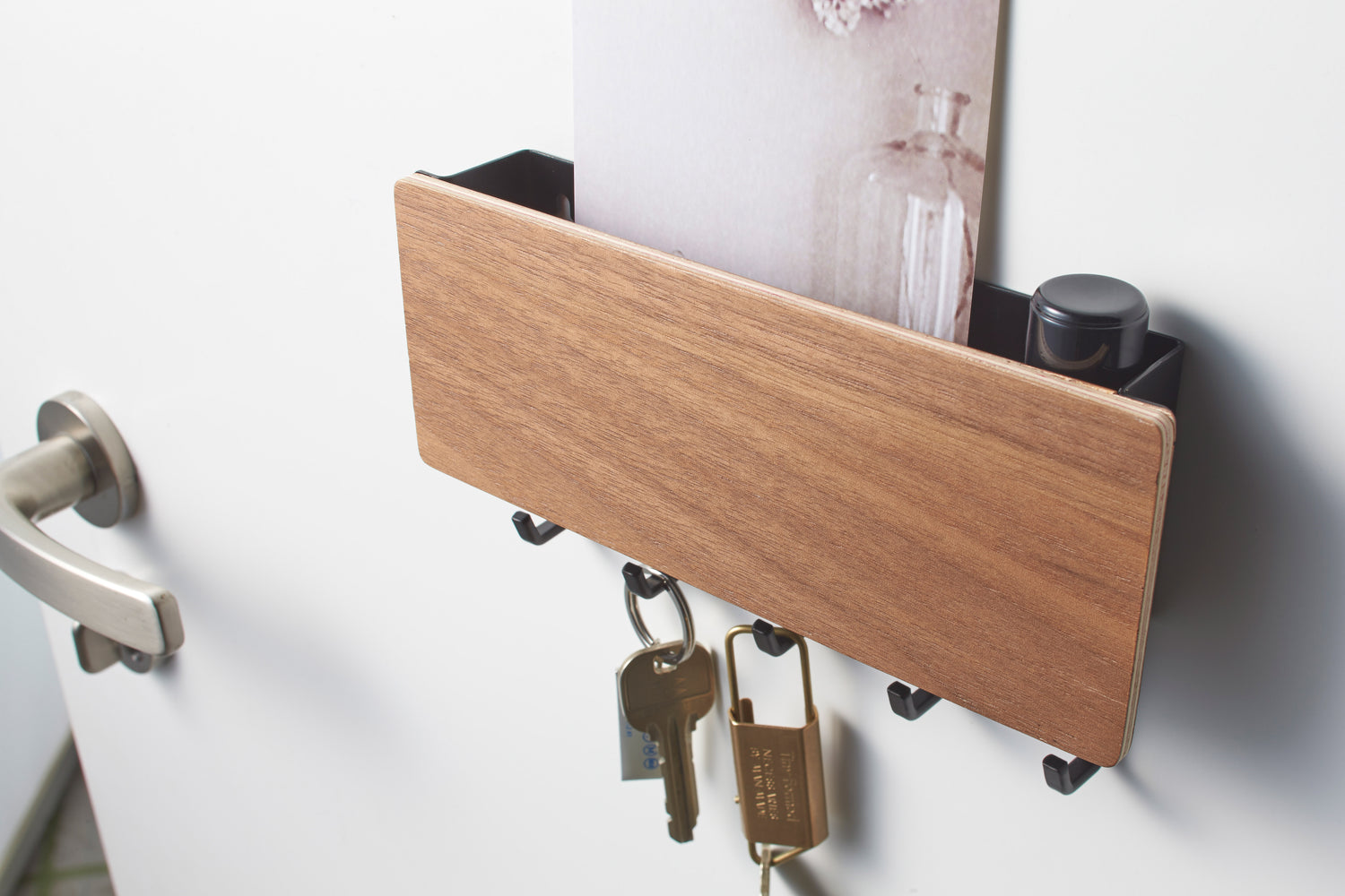 View 8 - Close up view of walnut Magnetic Key Rack with Tray holding keys by Yamazaki Home.