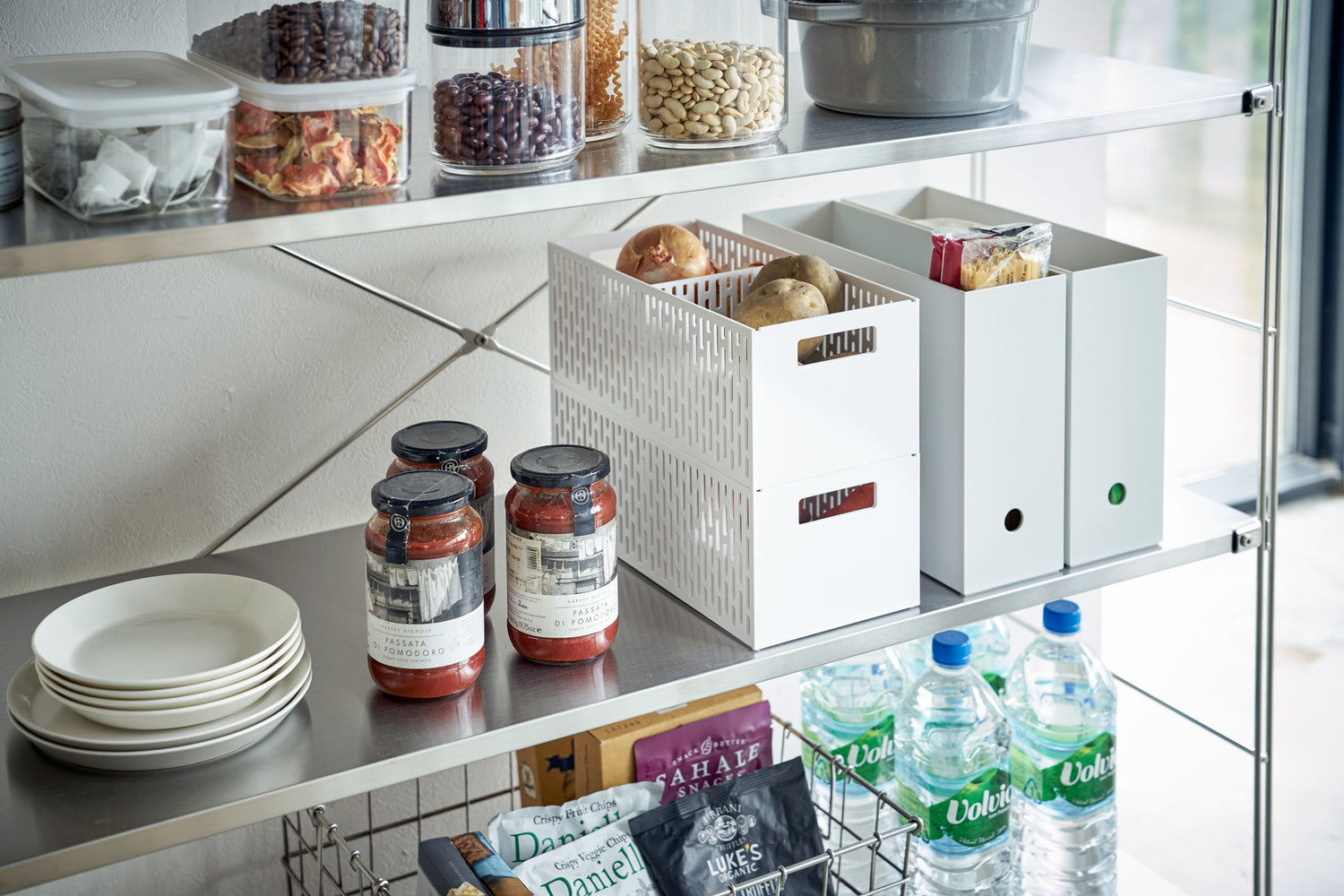 View 3 - White Stackable Vegetable Stockers stacked and holding food items on kitchen pantry shelf by Yamazaki Home.