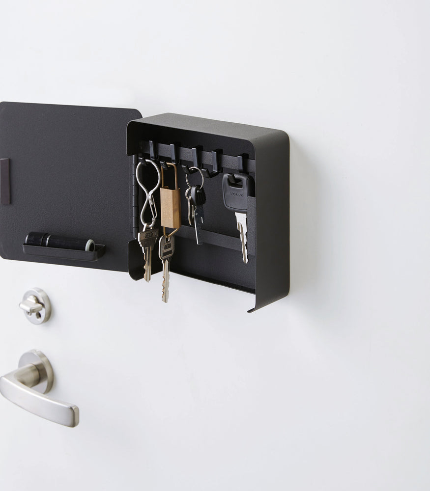 View 8 - Open Black Square Magnetic Key Cabinet holding keys by Yamazaki Home.