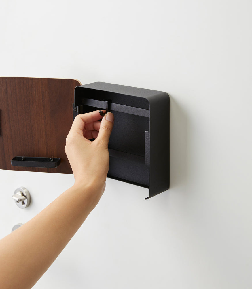 View 12 - Open Black Square Magnetic Key Cabinet with Hooks by Yamazaki Home.