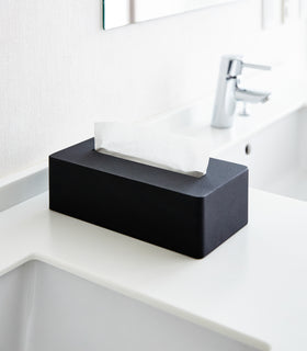 Black Tissue Case on bathroom sink countertop by Yamazaki Home. view 7