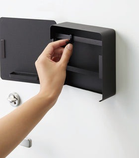 Close up of open black Square Magnetic Key Cabinet by Yamazaki Home. view 12