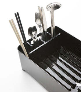 Aeriel view of black Dish Rack holding utensils on white backround by Yamazaki Home. view 13