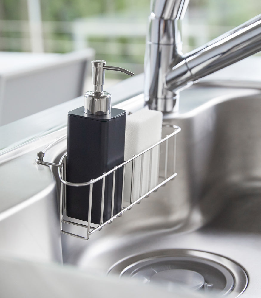 View 9 - Side view of black Hand Soap Dispenser in kitchen sink by Yamazaki Home.