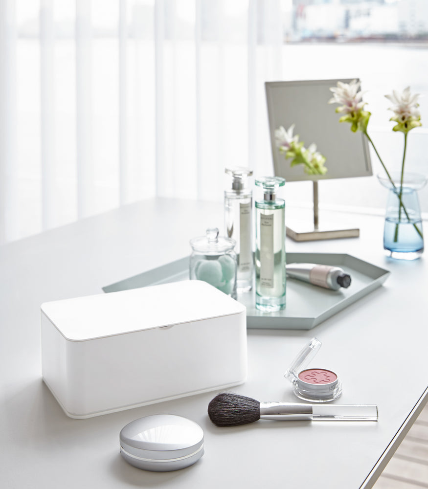 View 2 - White Wet Tissue Case on vanity countertop by Yamazaki Home.