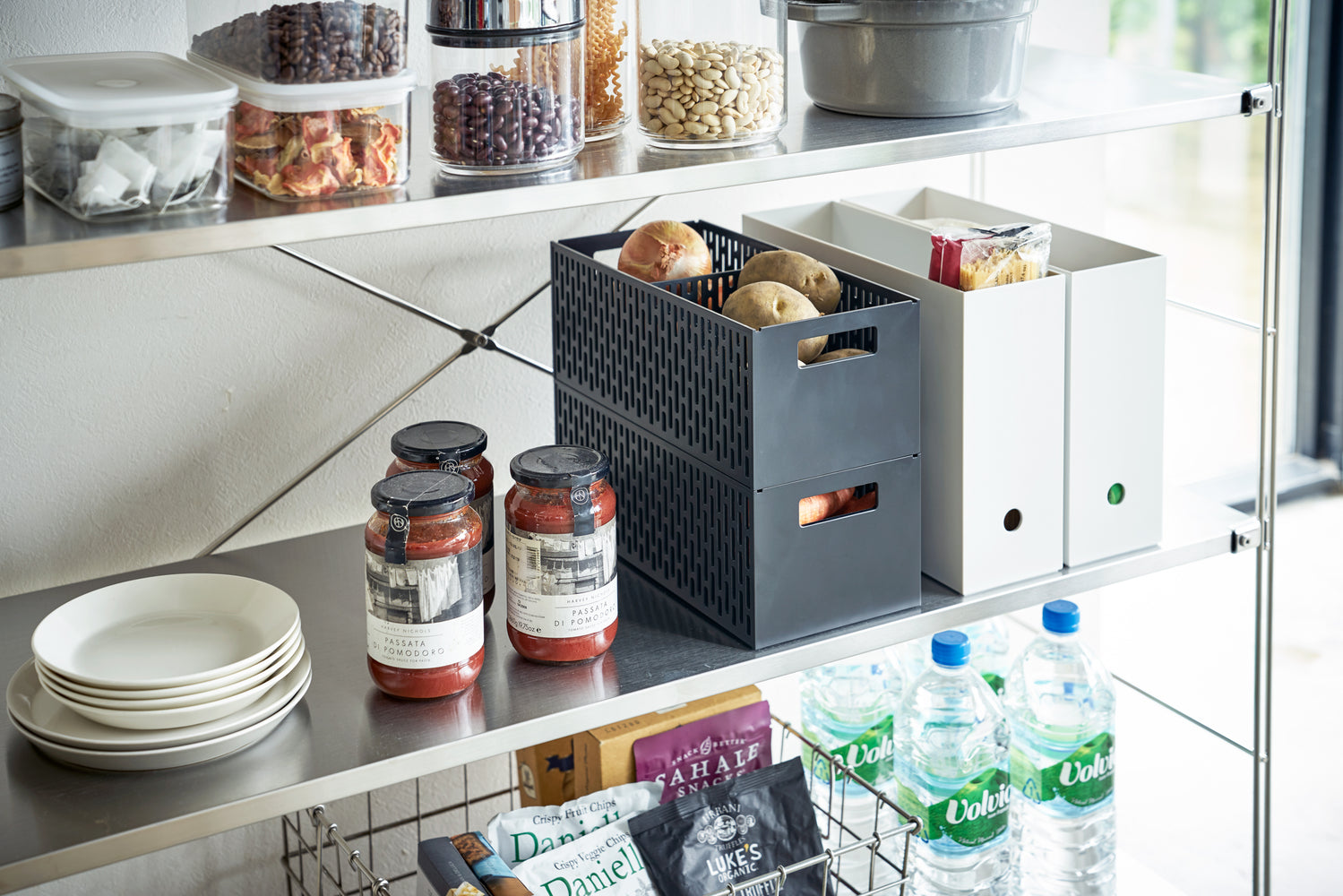 View 10 - Black Stackable Vegetable Stockers stacked and holding food items on kitchen pantry shelf by Yamazaki Home.